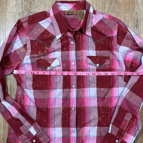 Wrangler EUC Pearl Snap Button Front Long Sleeve Western Shirt Pink Plaid Medium - Picture 8 of 11